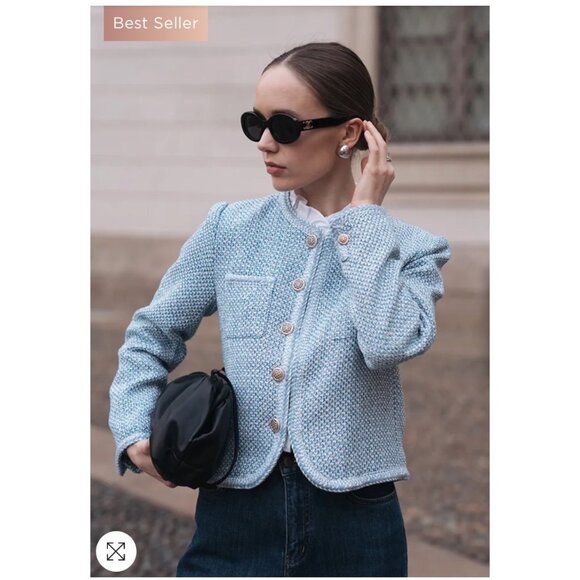 Goelia Round Neck Women's Light Blue Tweed Button-Up Cropped Jacket With Pockets - Picture 1 of 12
